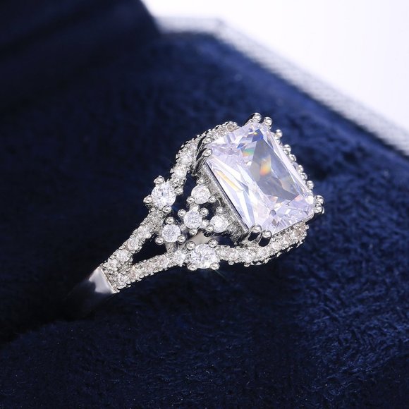 NEW 925 Silver Emerald Cut Diamond Halo Ring - Picture 3 of 7